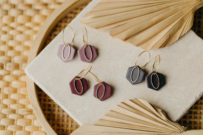 DESIREE - Hoop earrings with hexagonal polymer clay pendant in berry tones