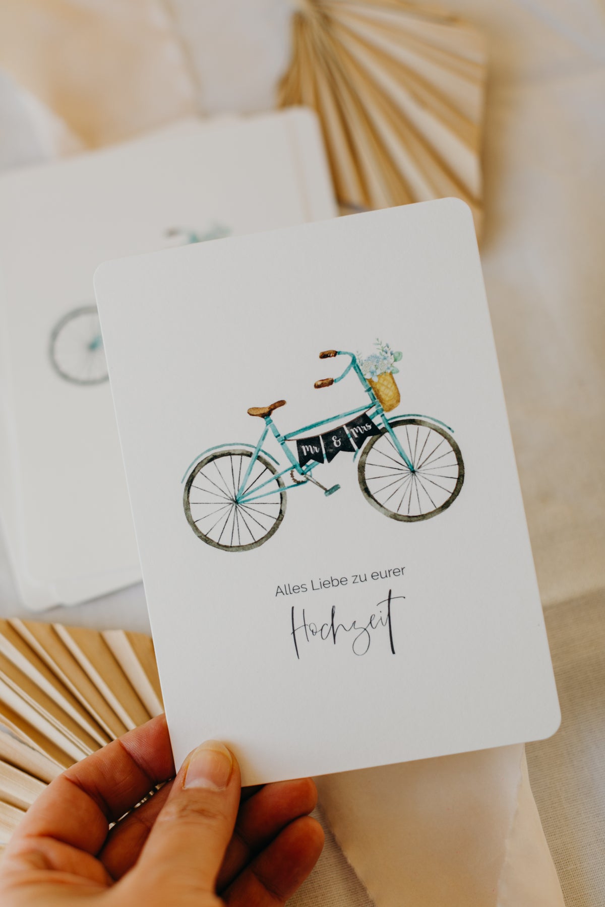 Postkarte türkisenes Fahrrad "Alles Liebe zu eurer Hochzeit"