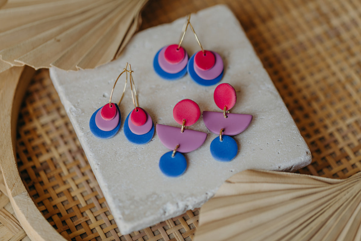 MAILIN - Polymer Ton Ohrringe in Pink, Lila und Kornblumenblau