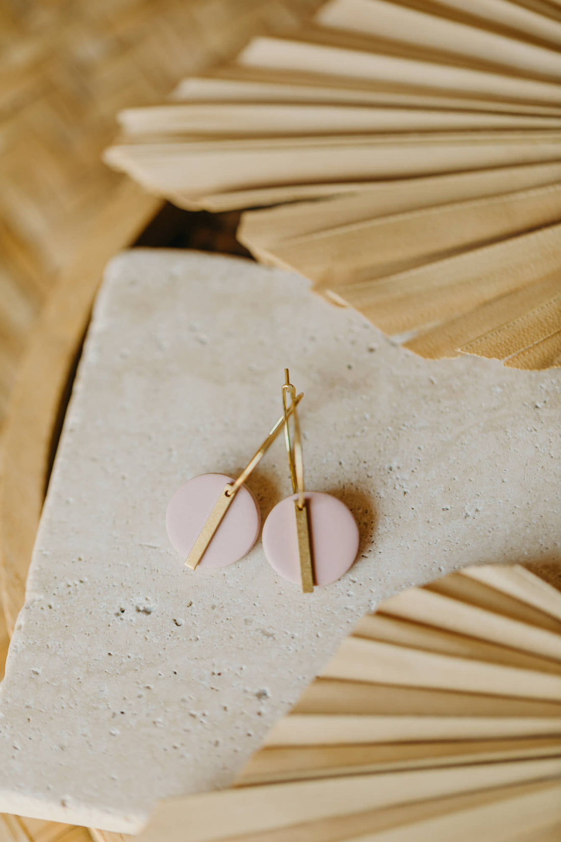 RAVI - Round Polymer Clay Hoop Earrings with Long Brass Charm in Pink