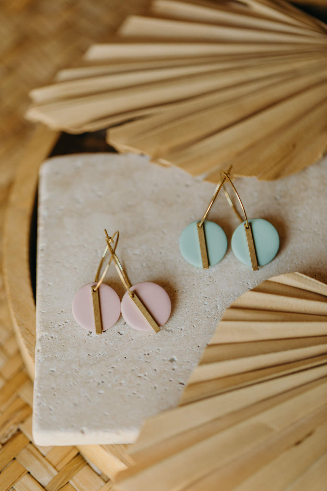 RAVI - Round Polymer Clay Hoop Earrings with Long Brass Charm in Pink