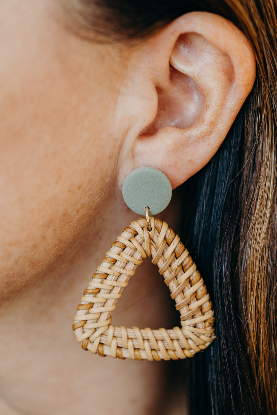 Eucalyptus green polymer clay earrings with rattan pendant triangle