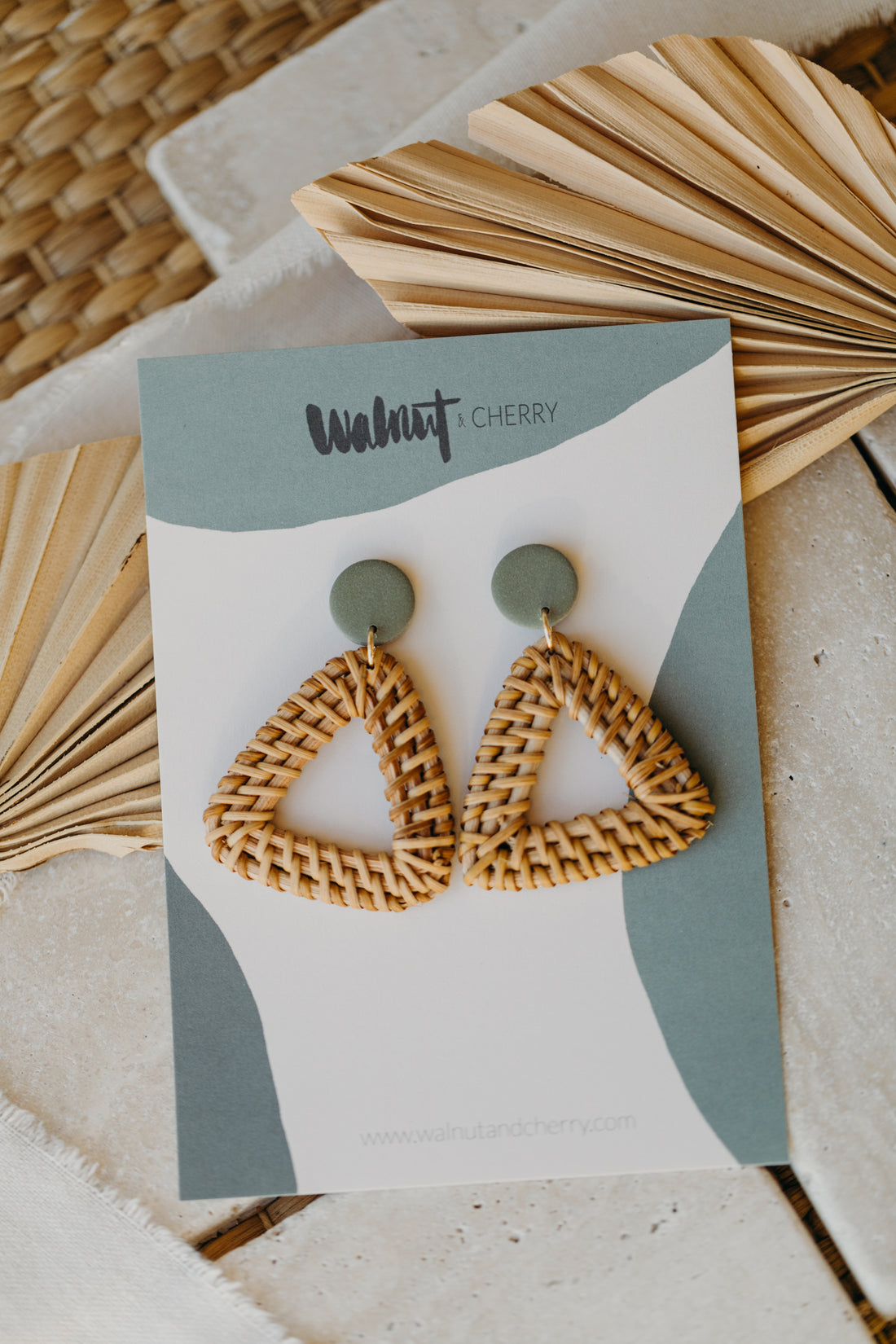 Eucalyptus green polymer clay earrings with rattan pendant triangle