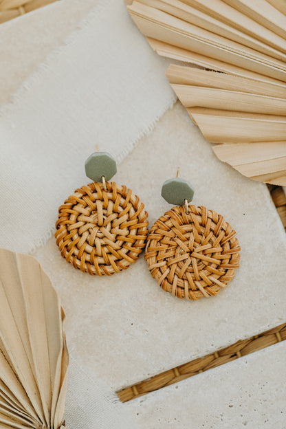 Eucalyptus green polymer clay earrings with round rattan pendant
