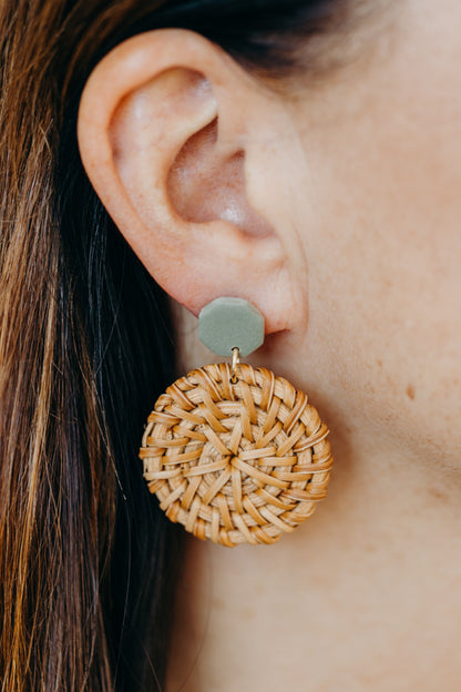 Eucalyptus green polymer clay earrings with round rattan pendant