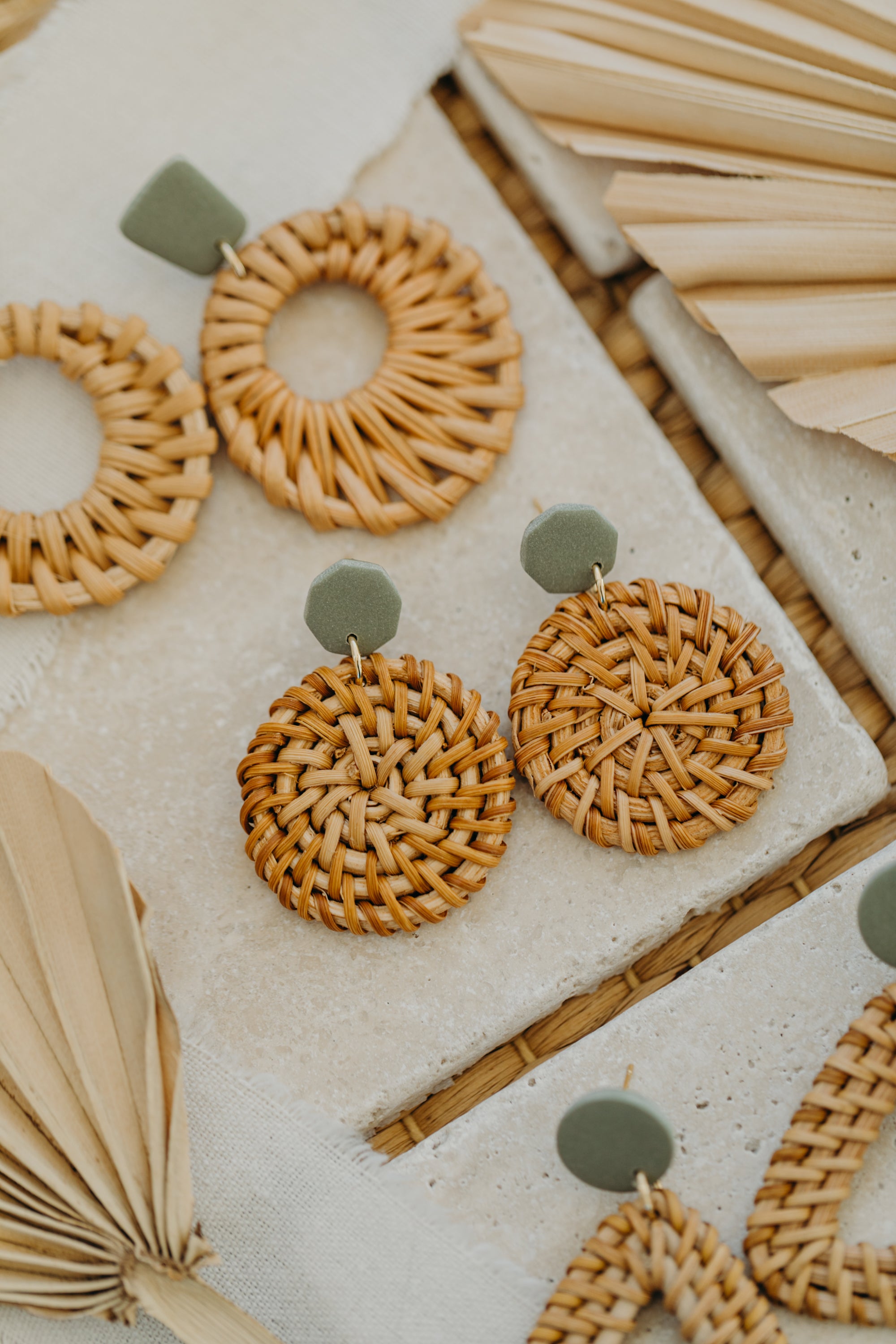 Eucalyptus green polymer clay earrings with round rattan pendant