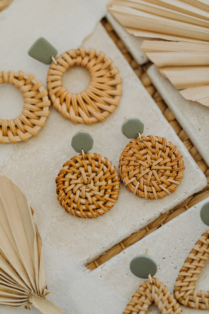 Eucalyptus green polymer clay earrings with round rattan pendant