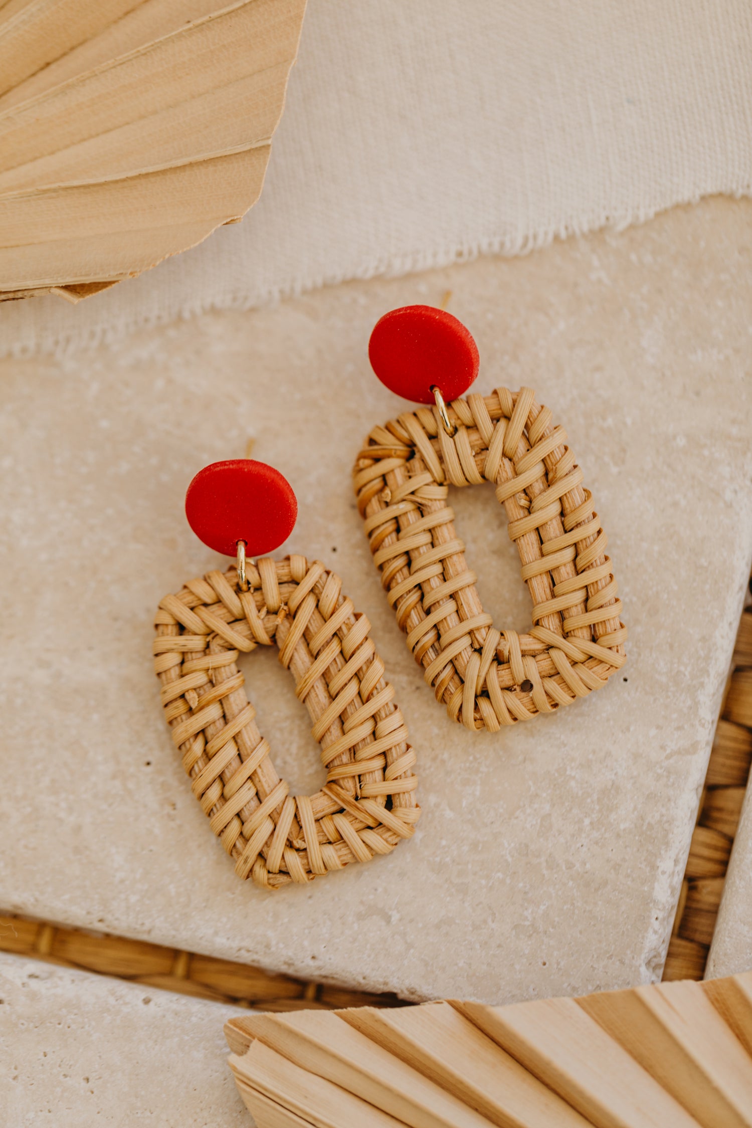 round polymer clay earrings in red with rattan pendant rectangle