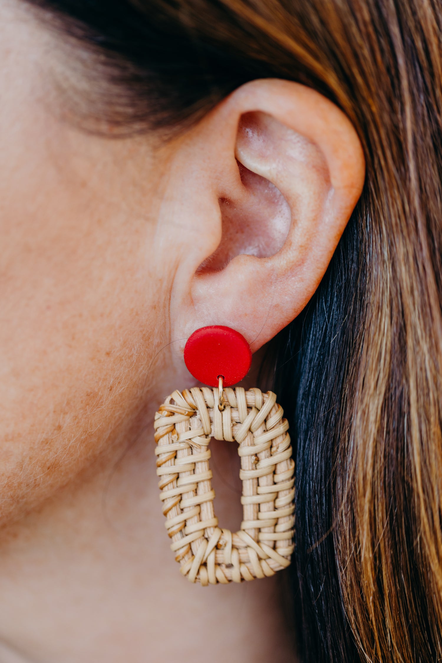 round polymer clay earrings in red with rattan pendant rectangle