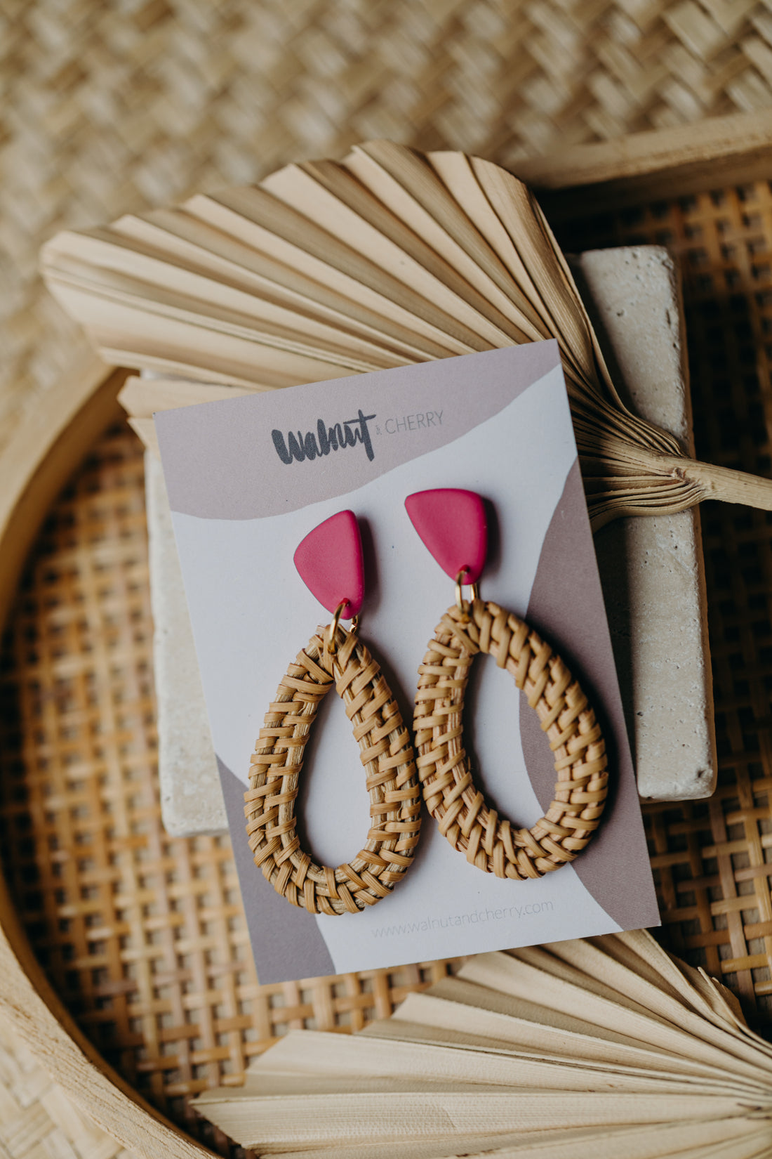 blue polymer clay earrings with rattan pendant drops