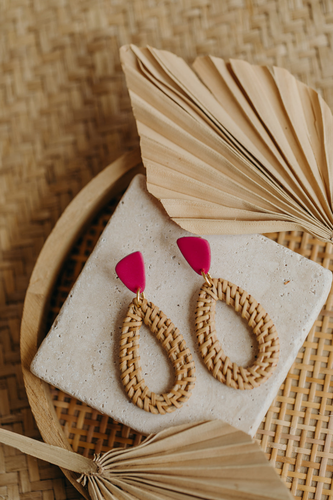 blue polymer clay earrings with rattan pendant drops