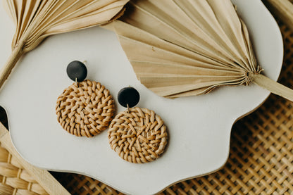 round polymer clay earrings in black with round rattan pendant
