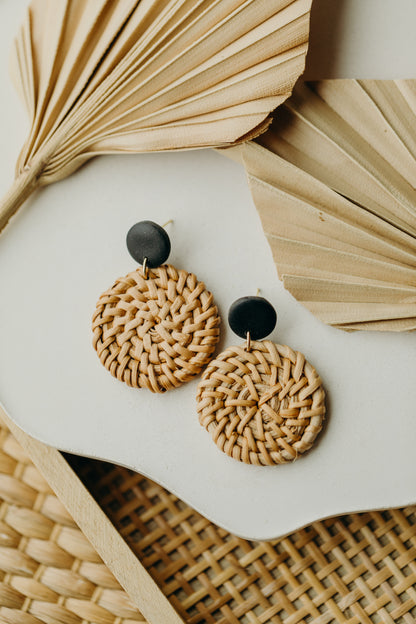 round polymer clay earrings in black with round rattan pendant