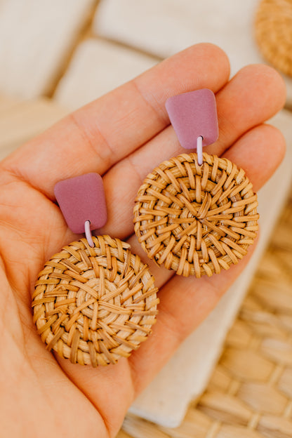 square polymer clay earrings in fuchsia with round rattan pendant