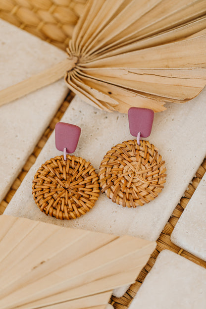 square polymer clay earrings in fuchsia with round rattan pendant