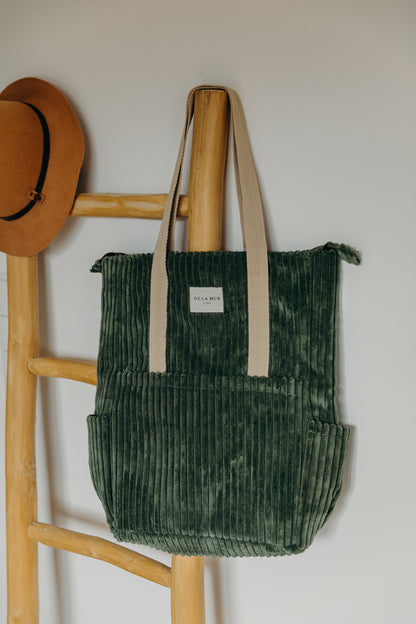 Grüner Cord Rucksack Shopper MUSGO mit Reißverschluss