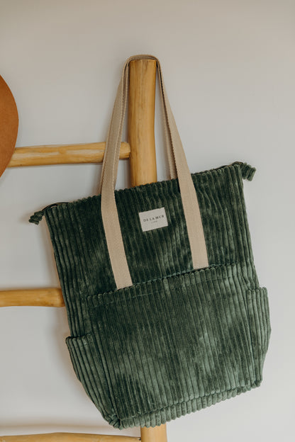 Grüner Cord Rucksack Shopper MUSGO mit Reißverschluss