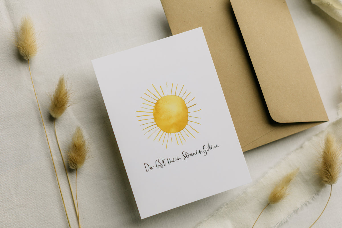 Postkarte gelbe Sonne mit dem Aufdruck "Du bist mein Sonnenschein"