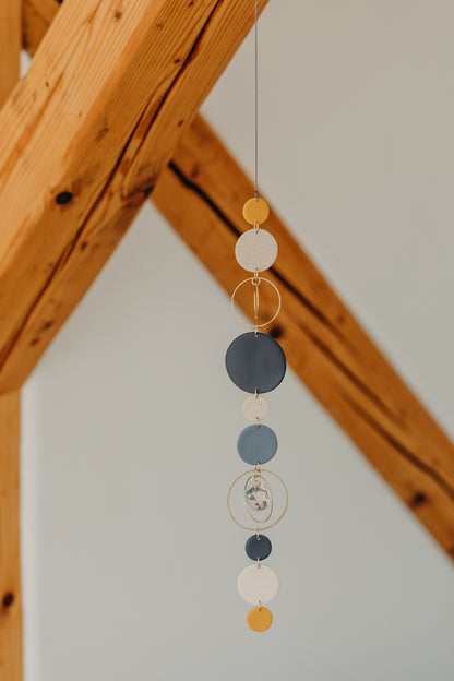 Sonnenfänger 001 mit Punkten in Kalk, Senfgelb, Blau und Dunkelblau