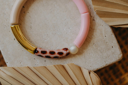 Perlenarmband 004 mit Tube Perlen in Gold, Beige, Rosa, Pink und Print