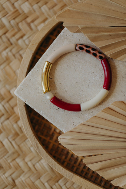 Perlenarmband 005 mit Tube Perlen in Gold, Creme, Beige, Weinrot und Print