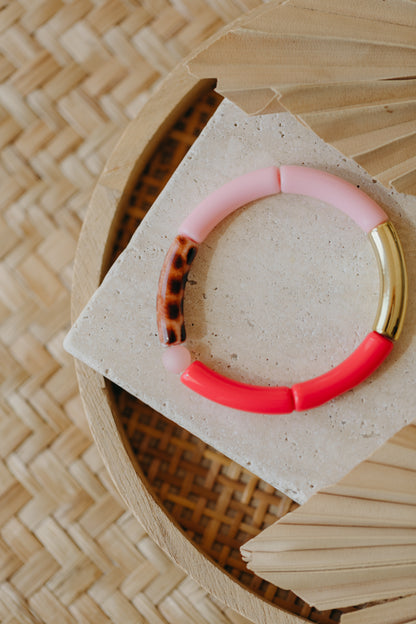 Perlenarmband 007 mit Tube Perlen in Gold, Rosa, Pink und Print