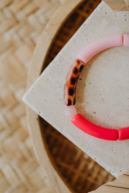 Perlenarmband 007 mit Tube Perlen in Gold, Rosa, Pink und Print