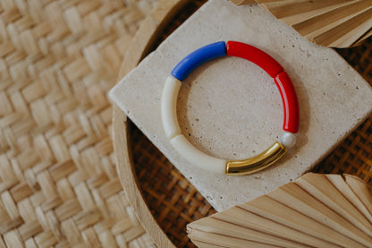 Perlenarmband 013 mit Tube Perlen in Gold, Creme, Rot und Blau