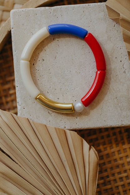 Perlenarmband 013 mit Tube Perlen in Gold, Creme, Rot und Blau