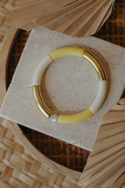Perlenarmband 019 mit Tube Perlen in Gold, Creme und Helles Gelb