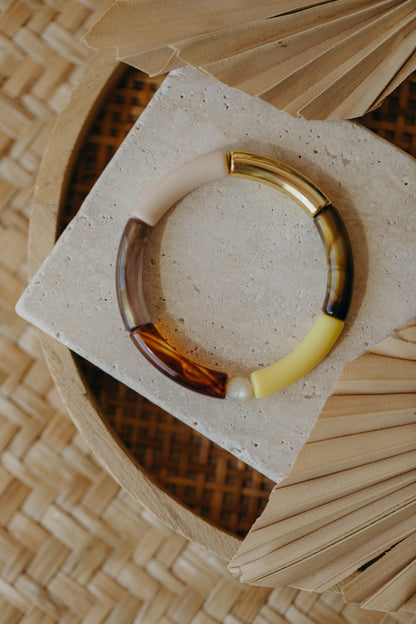 Perlenarmband 047 mit Tube Perlen in Gold, Creme, Gelb und Brauntönen