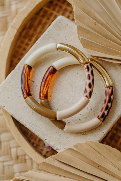 Perlenarmband 081 mit Tube Perlen in Creme, Beige, Braun und Animal Print