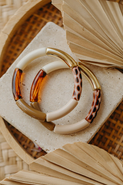 Perlenarmband 081 mit Tube Perlen in Creme, Beige, Braun und Animal Print