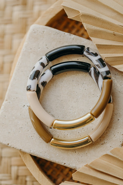 Perlenarmband 086 mit Tube Perlen in creme, braun und Animal Print s/w