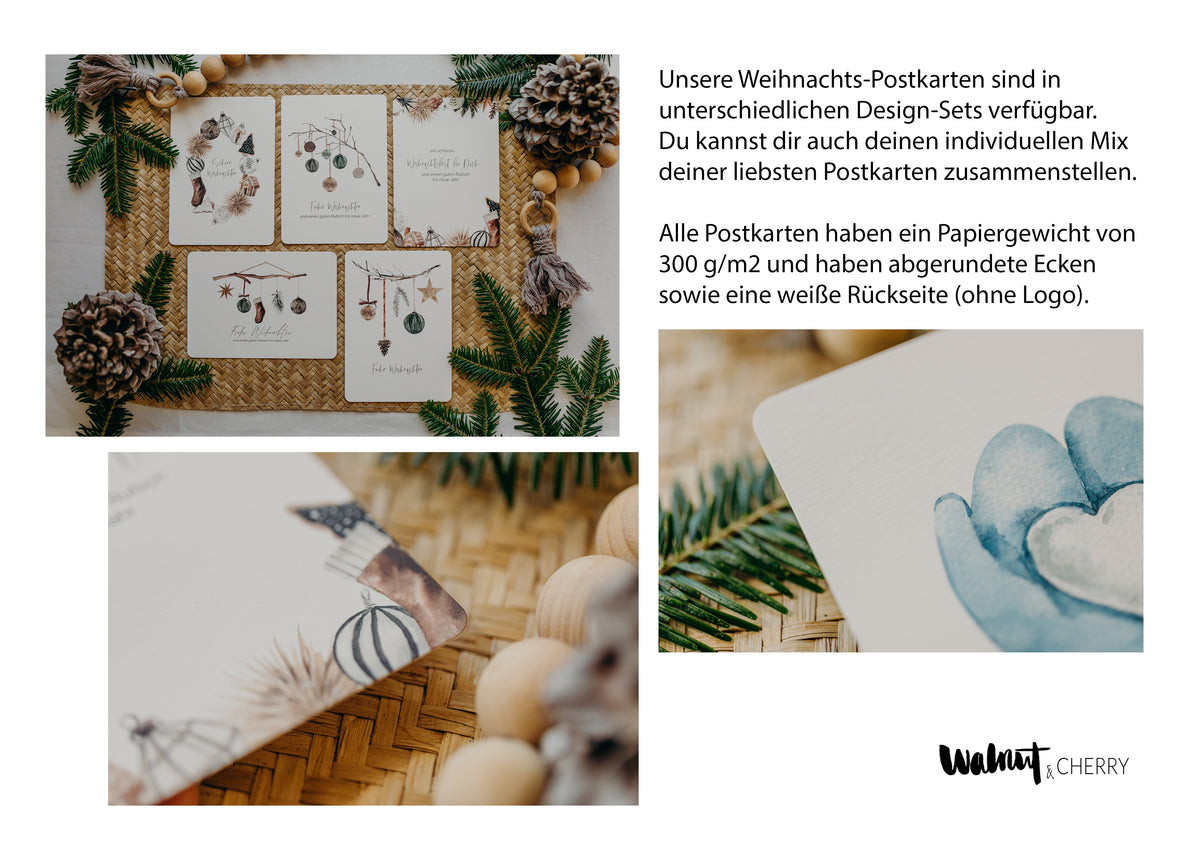 Weihnachtspostkarte Zweig mit schwarz-weißen Weihnachtsmotiven