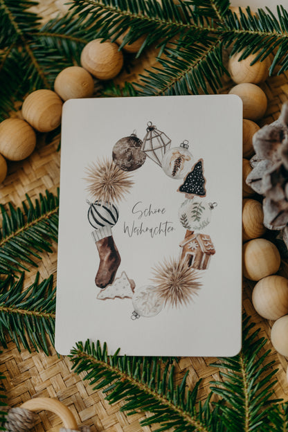 Christmas postcard wreath with various Christmas motifs