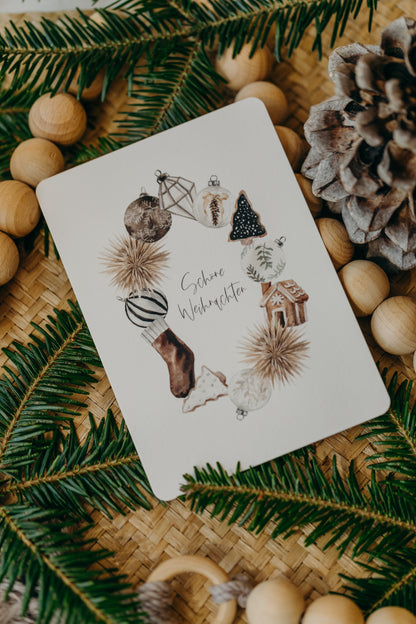 Christmas postcard wreath with various Christmas motifs
